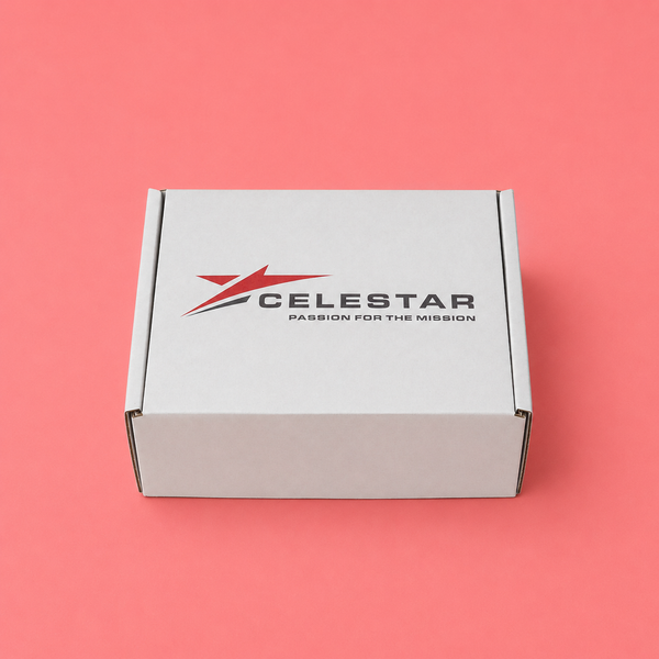 White swag box with Celestar logo on a pink background