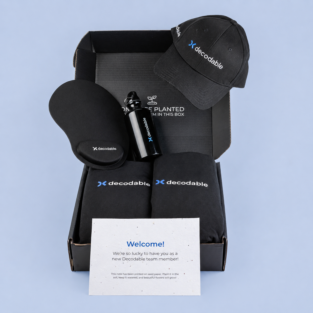 Gift set with black cap, sunglasses, and mug in a box labeled 'decodable' on a light blue background.