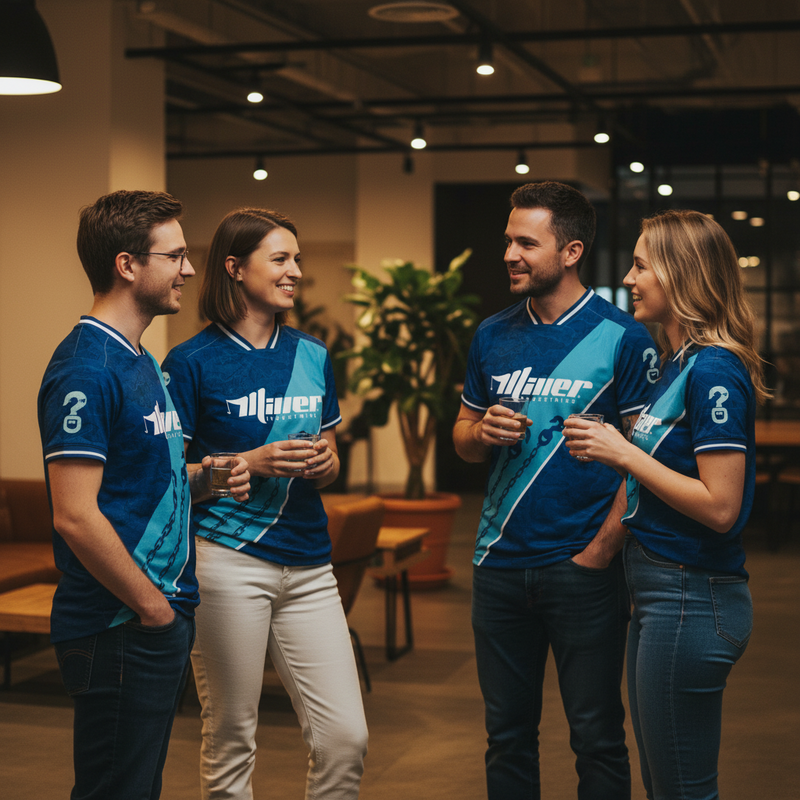 Four people in matching blue custom Miller jerseys standing and talking in an indoor setting.